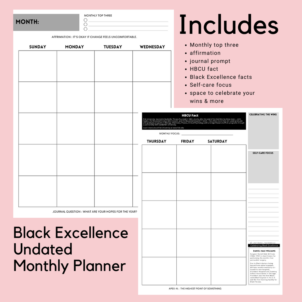 Black Excellence Undated Monthly Planner image 1