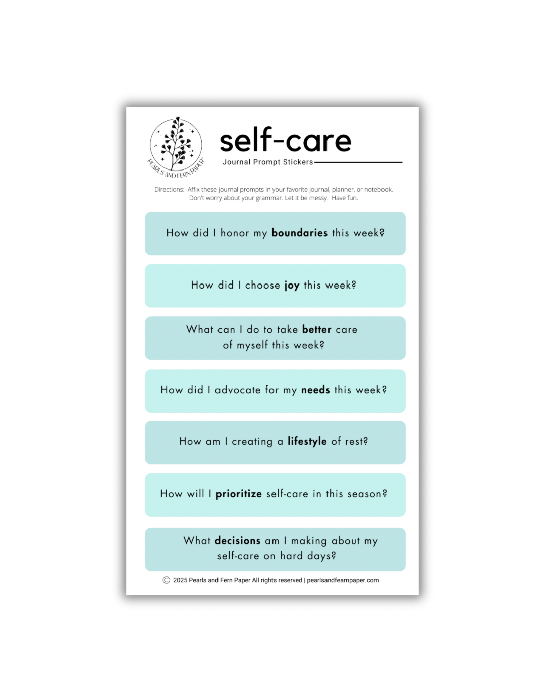 Self-Care Guided Journaling Prompt Stickers
