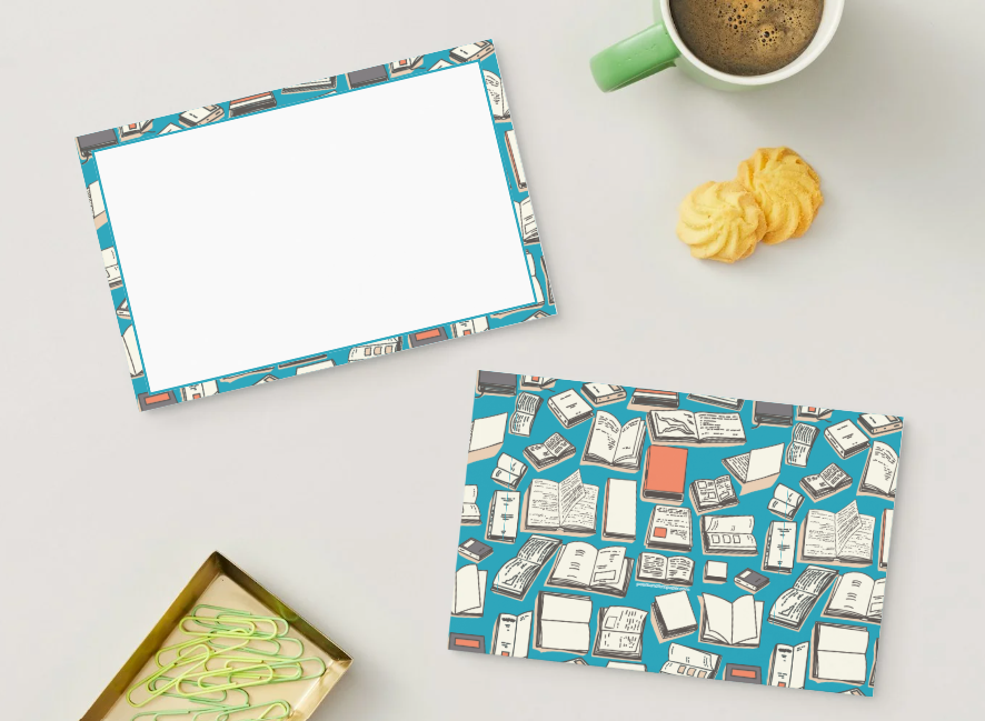 Blue book-themed flat notecard featuring a literary-inspired design, perfect for book lovers, readers, and bibliophiles.
