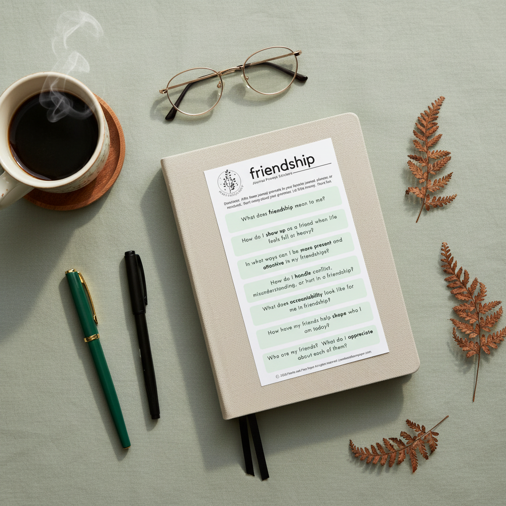 Notebook with a 'friendship' journal prompt sticker with seven journal prompts, coffee cup, glasses, and pens on a light surface.