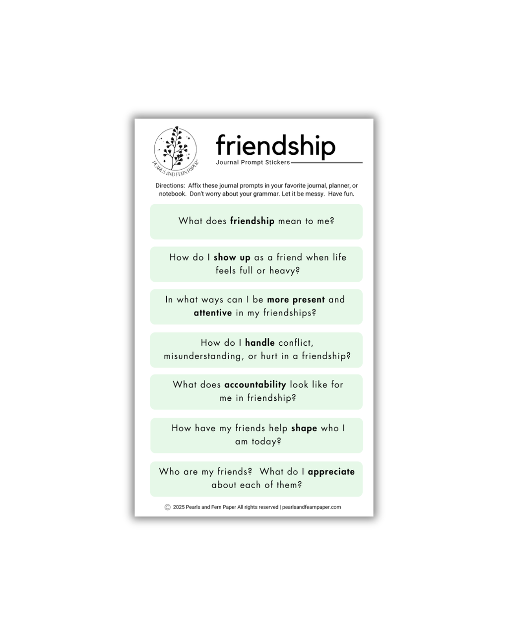 Sheet of friendship-themed journal prompts on a white background