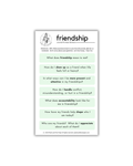 Sheet of friendship-themed journal prompts on a white background