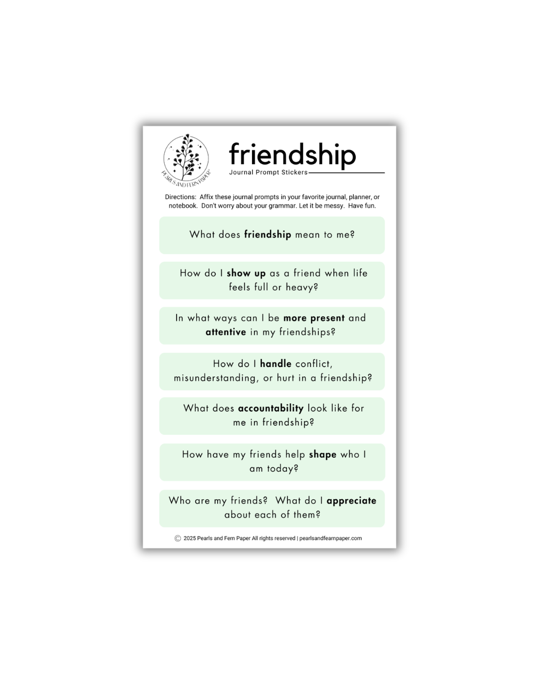 Sheet of friendship-themed journal prompts on a white background