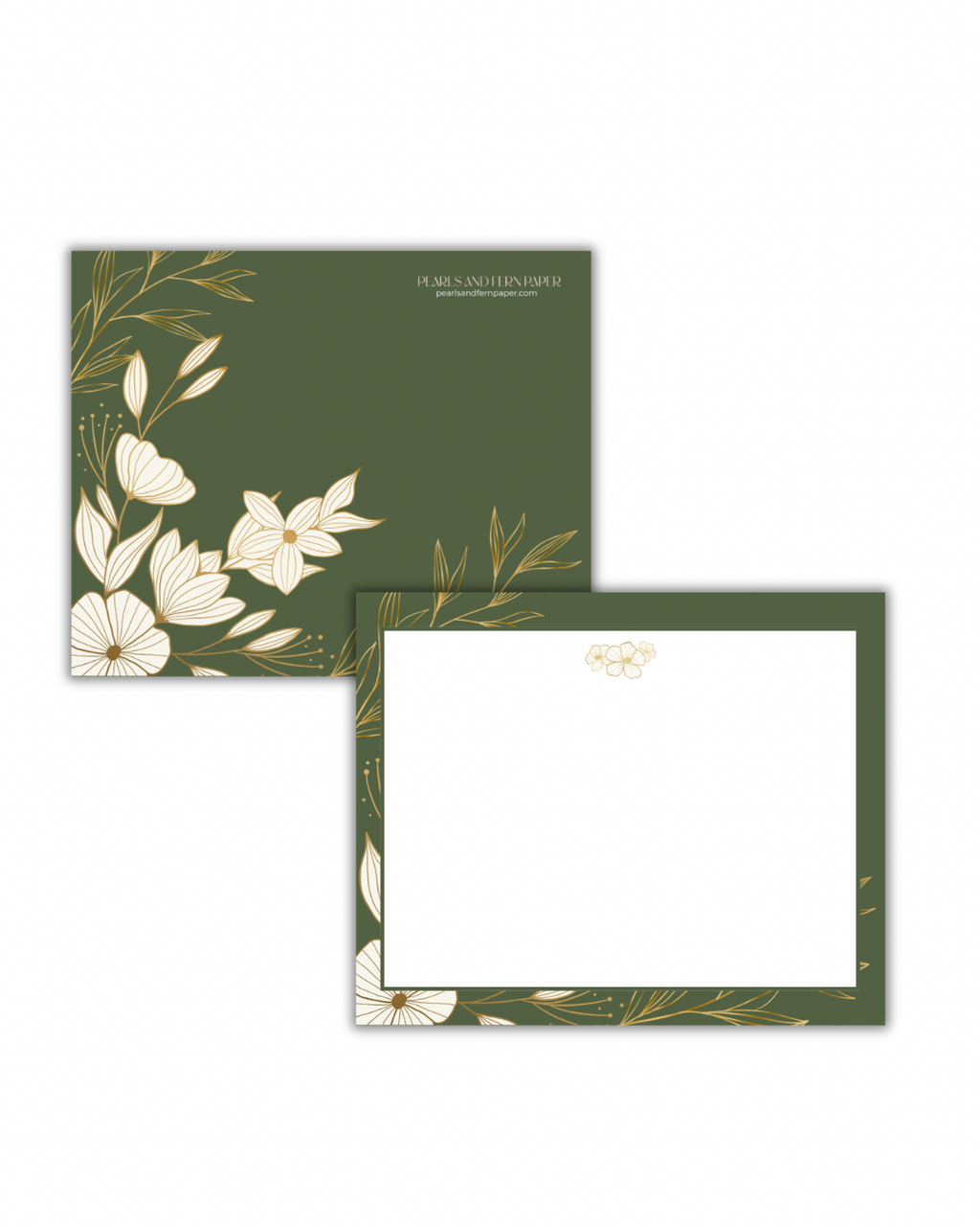 Green and Gold Floral: Boxed Stationery Set | 10 Flat Notecards with Envelopes
