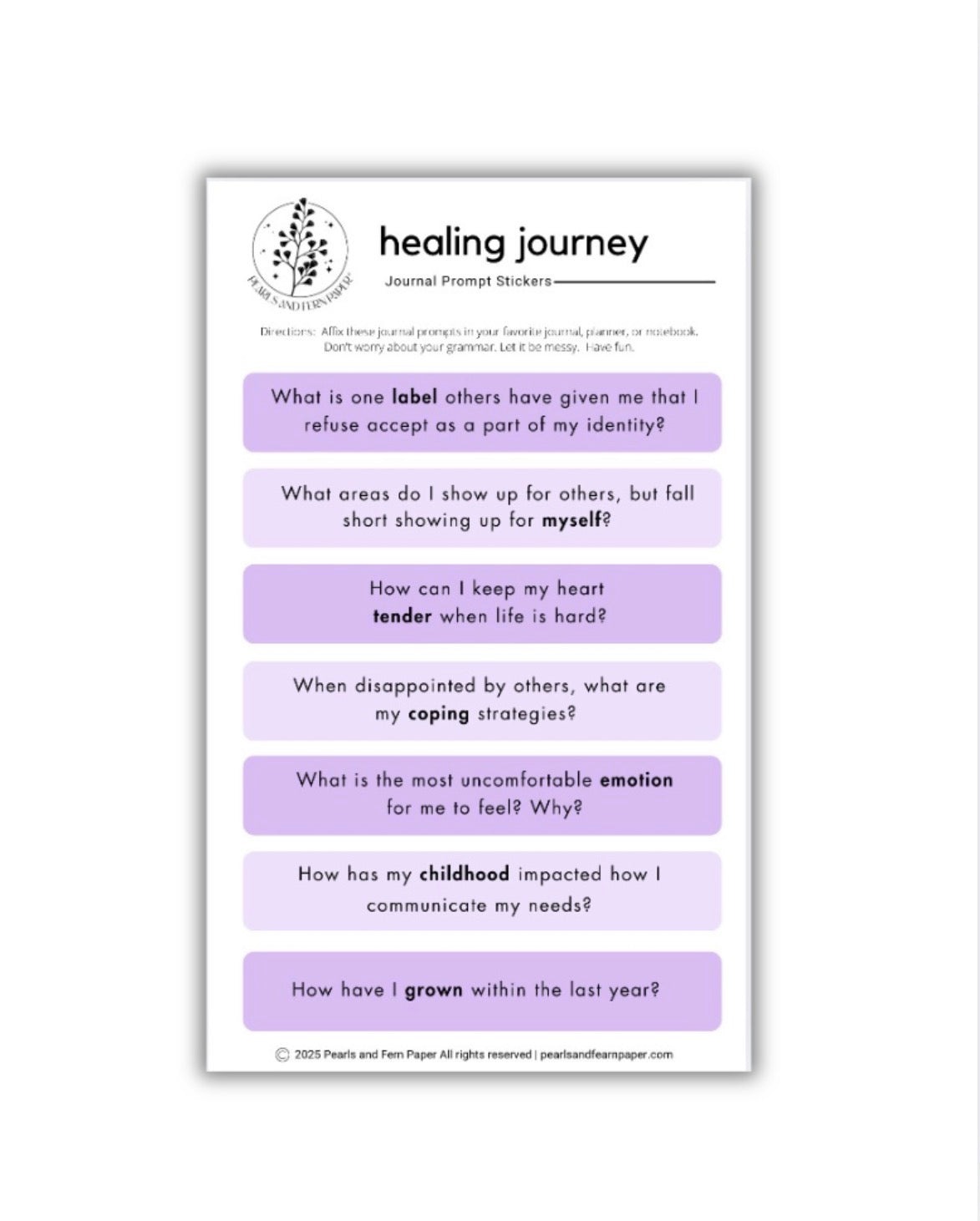 Healing journey journal prompt stickers on a white background