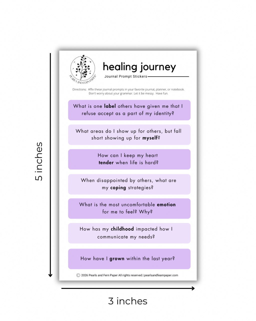 A sheet of journal prompt stickers with a white background and lavender text boxes, shown with dimension arrows indicating 5 inches tall by 3 inches wide. The sheet includes the title 'healing journey' and several prompts, with a small circular logo and copyright text at the bottom.