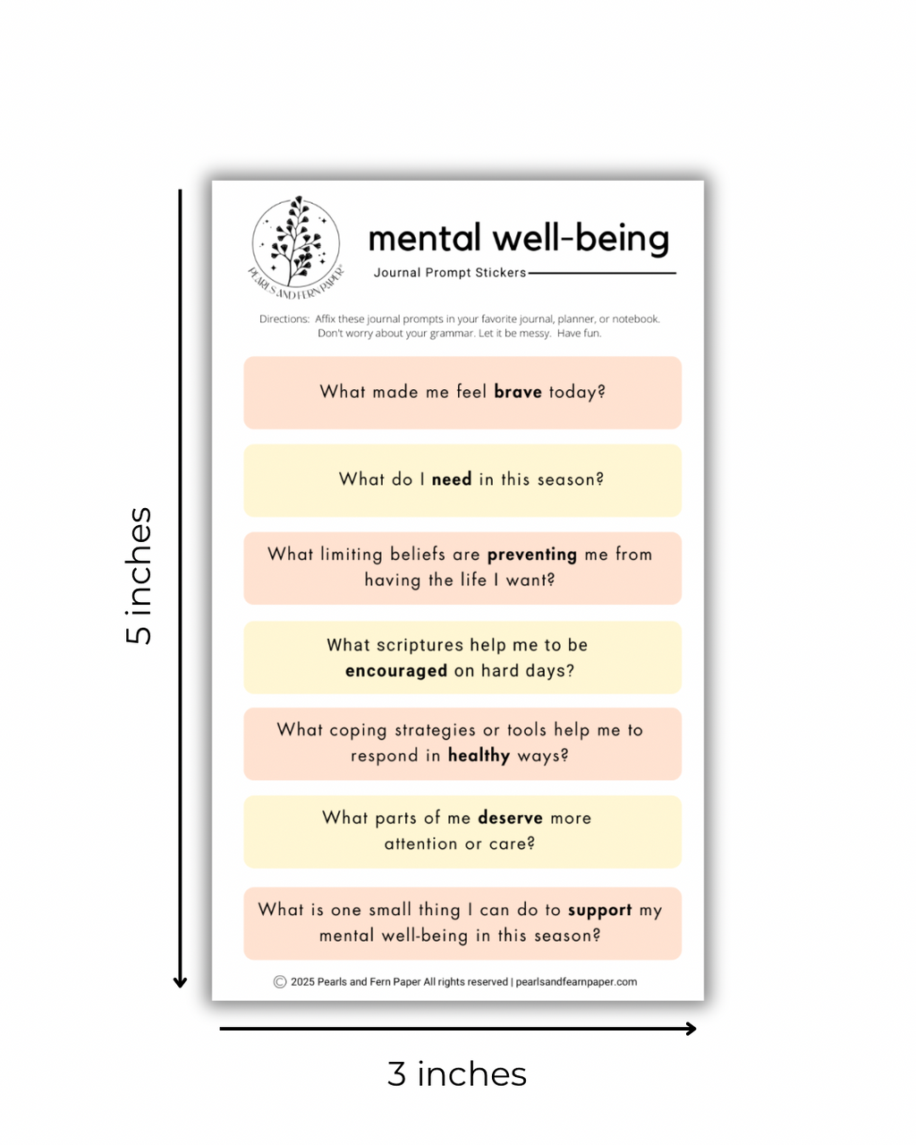 A rectangular mental well-being journal prompt sticker sheet shown on a white background with dimension labels indicating 5 inches tall by 3 inches wide. The sheet contains a black header reading 'mental well-being' and several pastel rectangular prompt boxes with text questions about mental well-being.