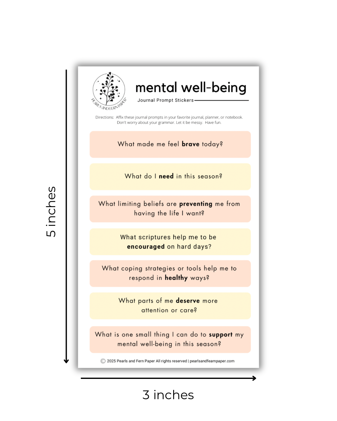 A rectangular mental well-being journal prompt sticker sheet shown on a white background with dimension labels indicating 5 inches tall by 3 inches wide. The sheet contains a black header reading 'mental well-being' and several pastel rectangular prompt boxes with text questions about mental well-being.