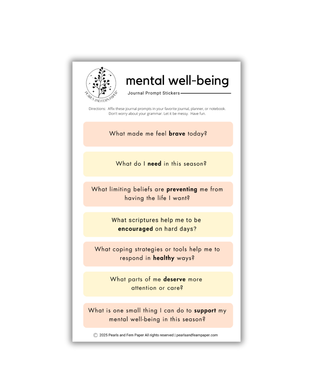 Mental Well-Being Guided Journaling Prompt Stickers