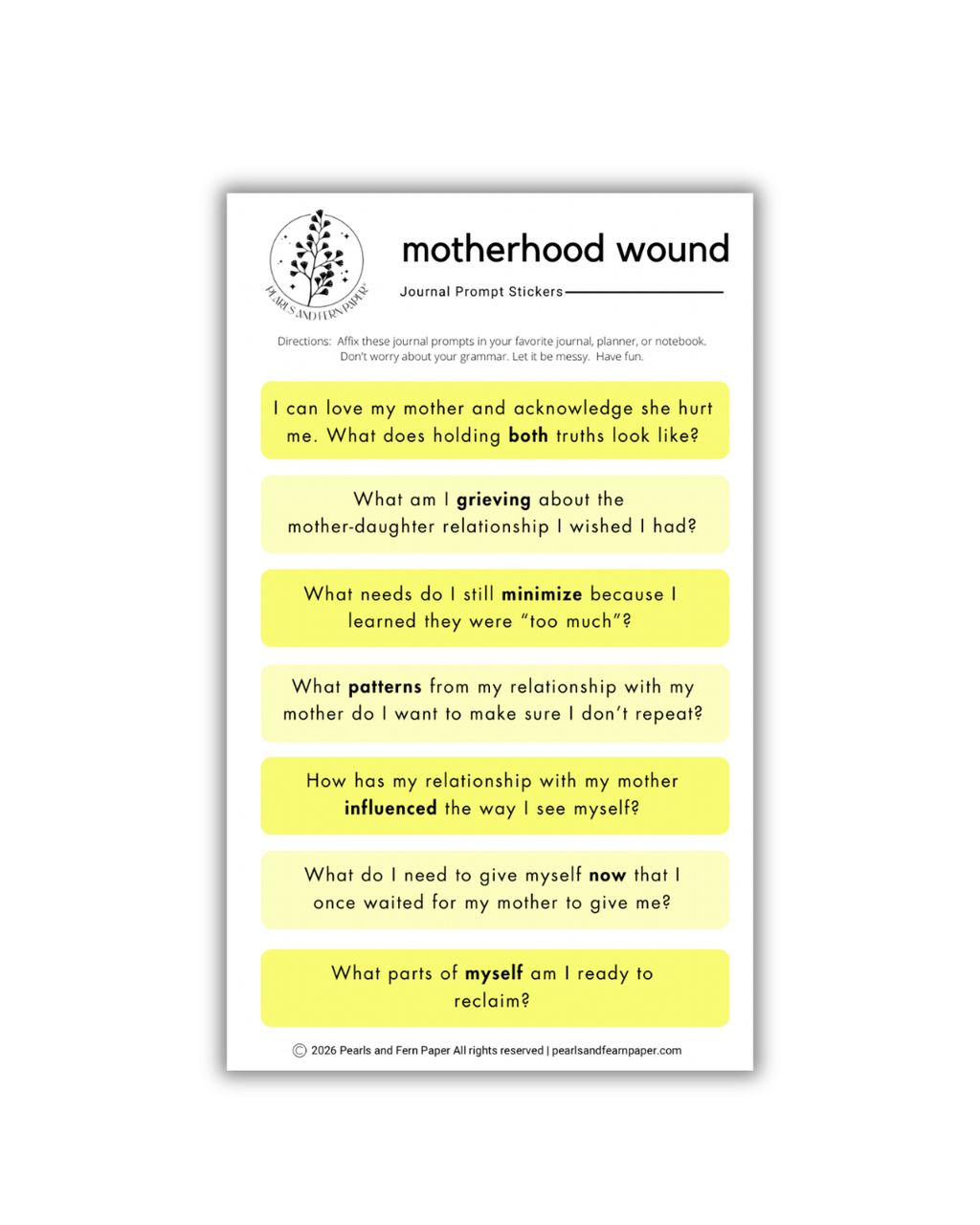 A sheet of journal prompt stickers titled 'motherhood wound' with multiple rectangular yellow and white stickers containing reflective prompts about mother-daughter relationships, shown on a white background.