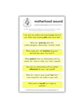A sheet of journal prompt stickers titled 'motherhood wound' with multiple rectangular yellow and white stickers containing reflective prompts about mother-daughter relationships, shown on a white background.