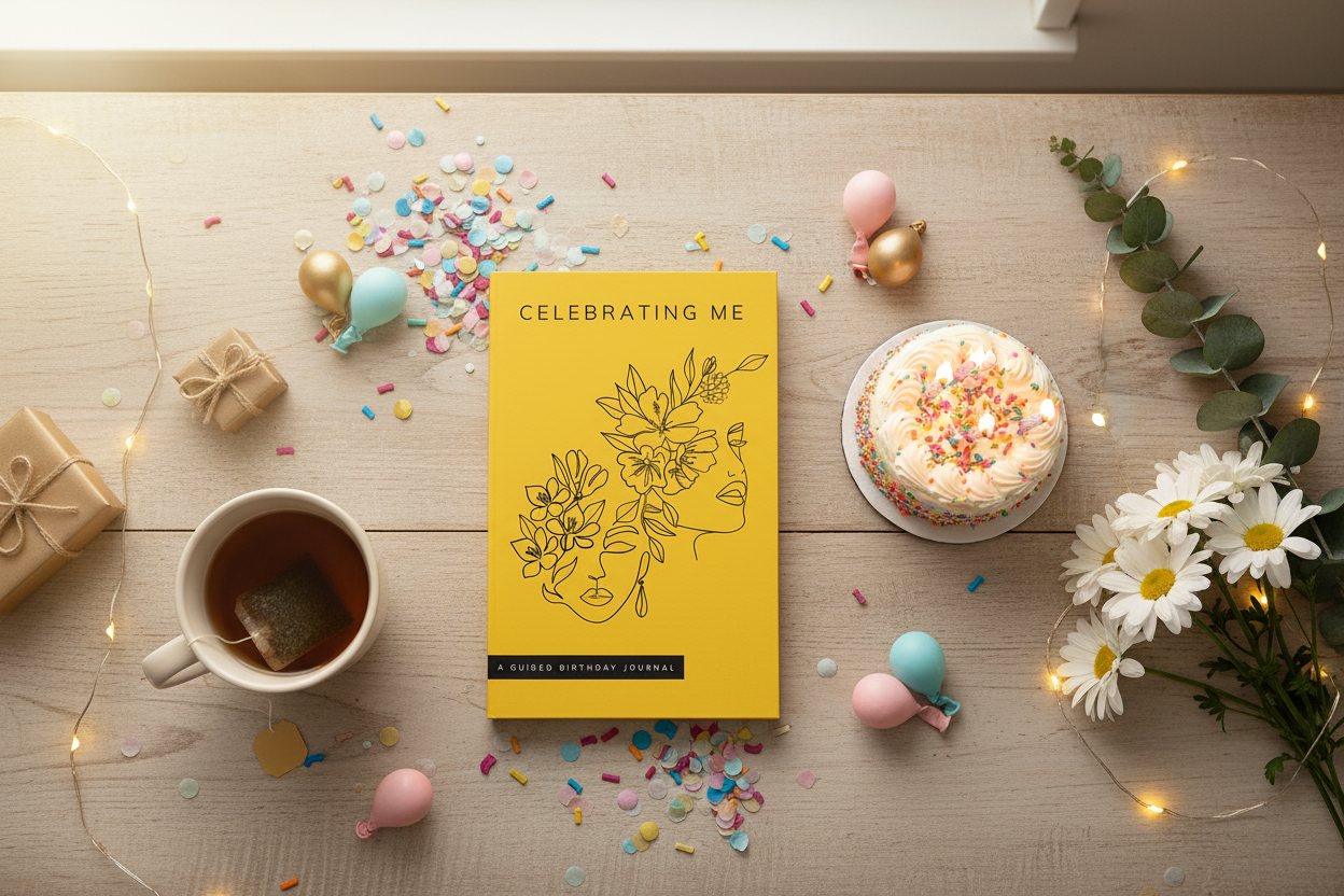 Birthday flatlay with journal and cake