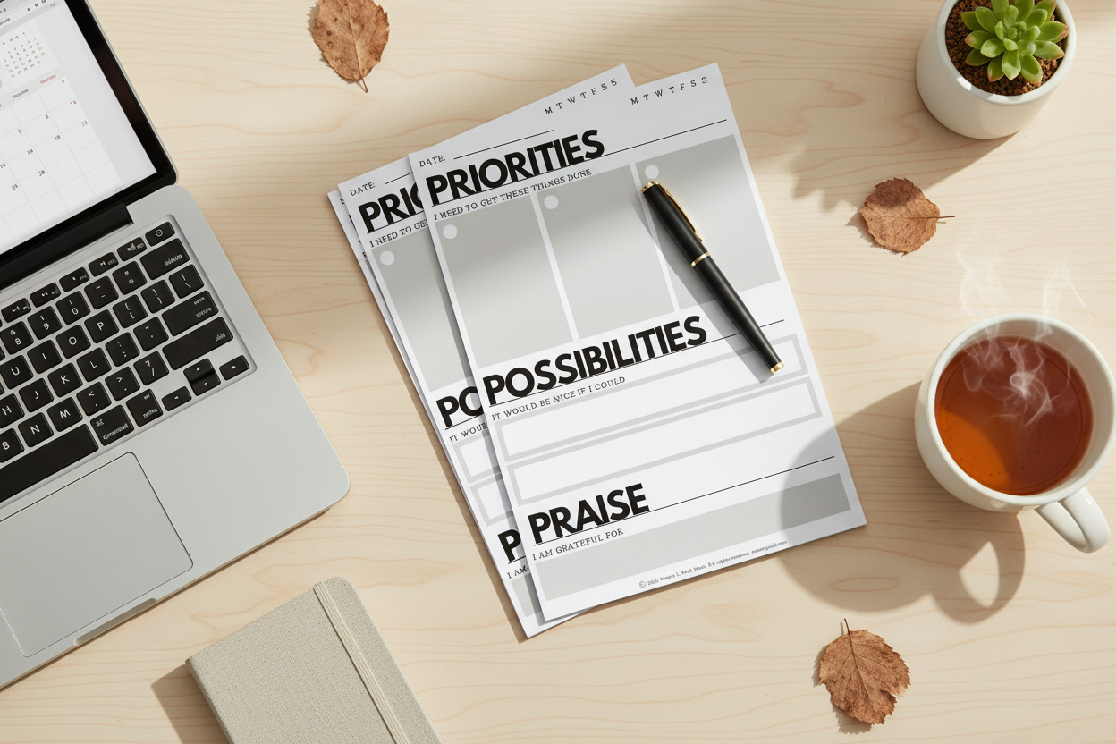 Desk flatlay with laptop, pen and tea