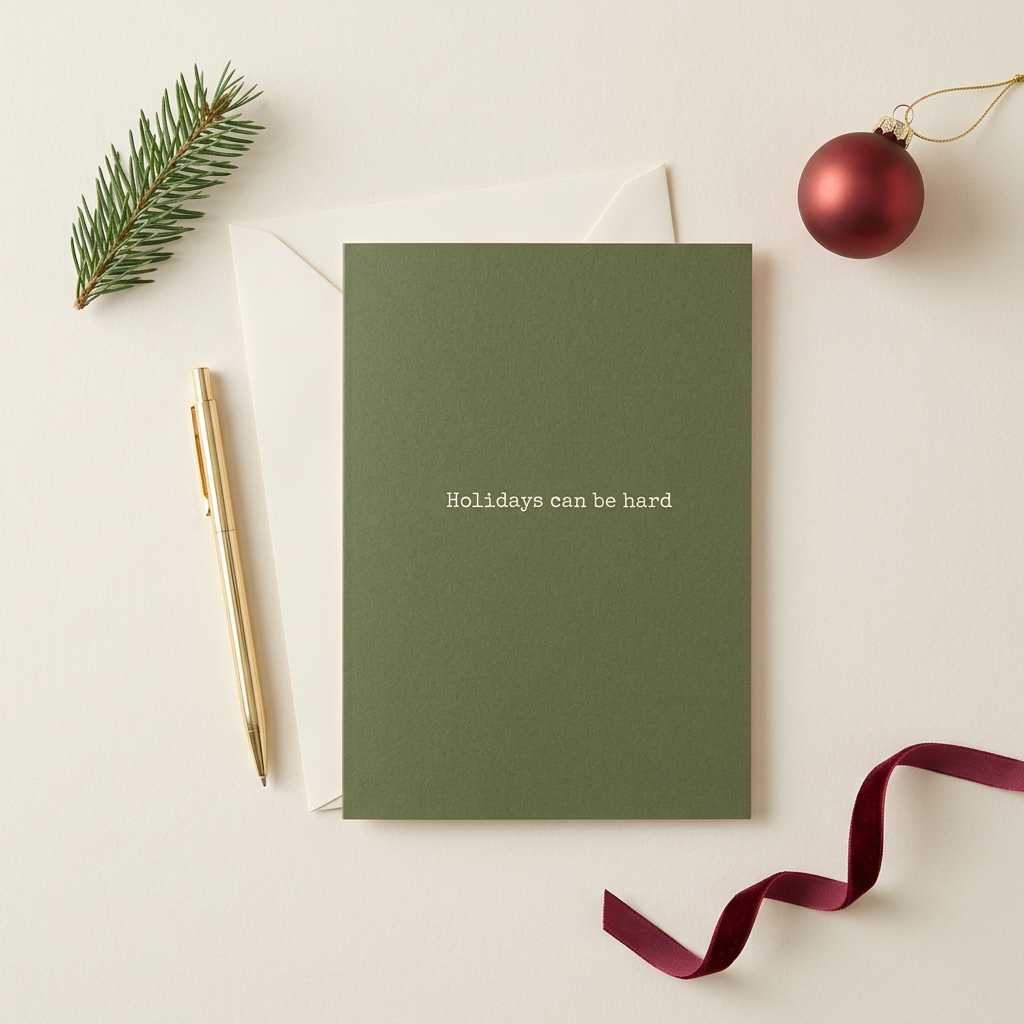 Holiday card flat lay with evergreen, red ornament, burgundy ribbon, envelope, and gold pen