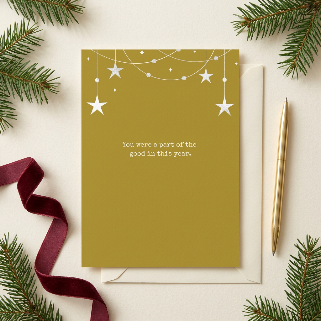 Holiday greeting card flat lay with an envelope and gold pen