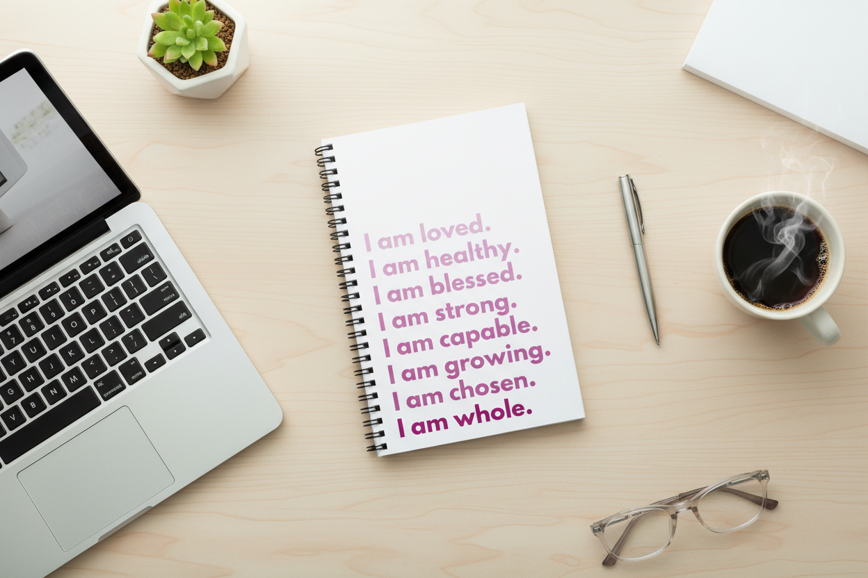 Positive affirmation notebook office desk flatlay