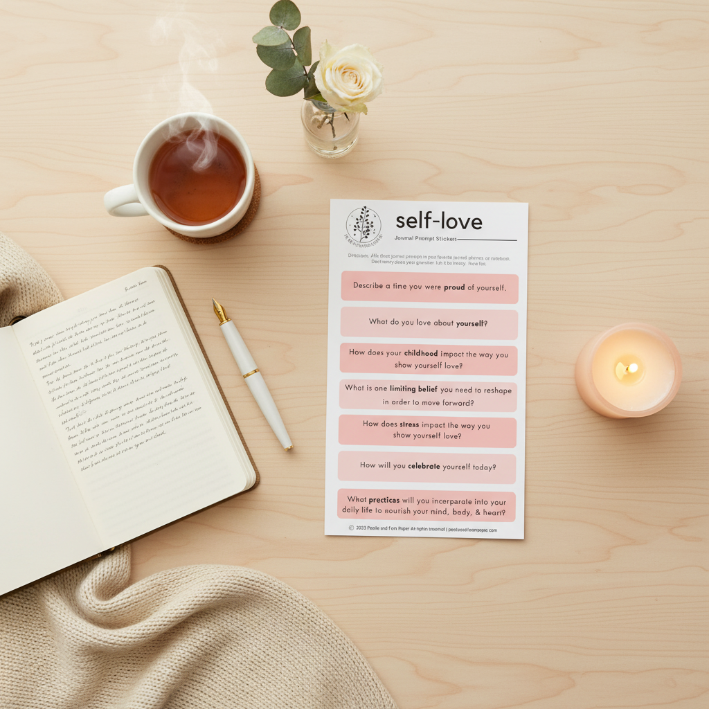 Self-Love Guided Journaling Prompt Stickers Flatlay